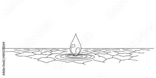 Continuous one line of a single drop of water landing on desert ground, sleek minimal renewal amidst despair symbolism design, hand drawn vector illustration.