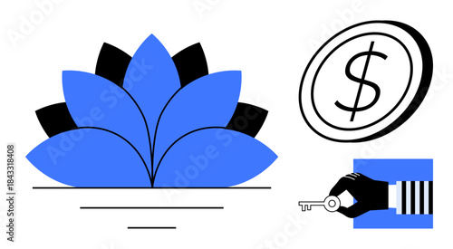 Financial stability, prosperity, wealth management, mindfulness in finances, growth, security. Lotus symbol with dollar and hand holding a key. Financial stability and prosperity