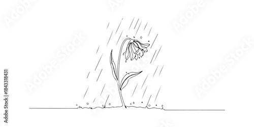 Continuous one line of a wilted flower watered by rain, elegant minimal healing amidst despair symbolism art, hand drawn vector illustration.