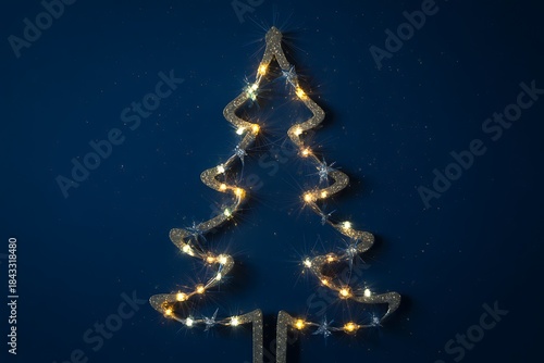 A sparkling christmas tree light outline glows against a deep blue background