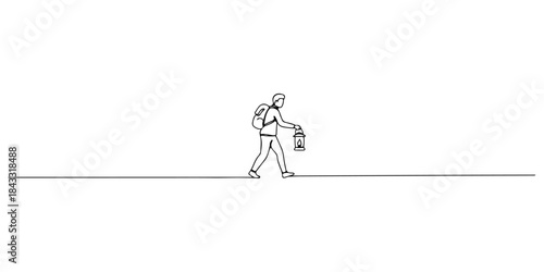 Continuous one line of a person walking with a small lantern in the darkness, a symbolic design of resilience amidst despair, hand drawn vector illustration.