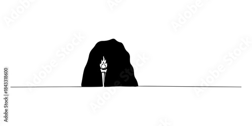 Continuous one line of torches illuminates the cave, a symbol of guidance in the midst of despair, hand drawn vector illustration.