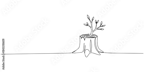 Continuous one line of a tree stump with a small branch growing out, hand drawn vector illustration.