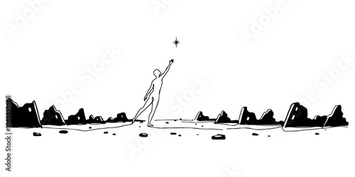 Continuous one line of a person reaching for a small star above ruins, sleek minimal determination amidst despair symbolism design, hand drawn vector illustration.