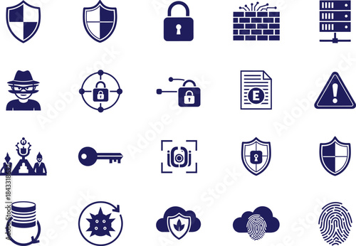 Cybersecurity icons set digital security technology and data protection lock