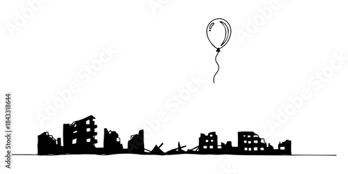 Continuous one line of a single balloon floating above a ruined cityscape, elegant minimal resilience amidst despair symbolism art, hand drawn vector illustration.