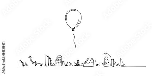 Continuous one line of a single balloon floating above a ruined cityscape, elegant minimal resilience amidst despair symbolism art, hand drawn vector illustration.