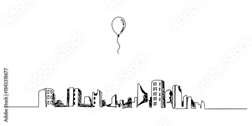 Continuous one line of a single balloon floating above a ruined cityscape, elegant minimal resilience amidst despair symbolism art, hand drawn vector illustration.