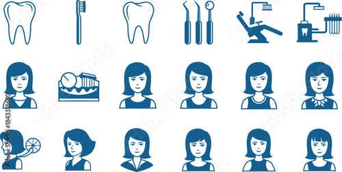 Vector set of female woman character icons, collection of people symbols for business design