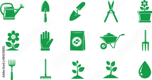 Gardening Tools Icons Set Green Plant Care Equipment vector illustration