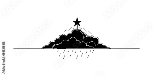 Continuous one line of a single star shining above storm clouds, sleek minimal hope beyond struggle symbolism design, hand drawn vector illustration.