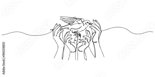 Continuous one line of a hand lifting a fragile bird, compassion amidst despair symbolism art, hand drawn vector illustration.