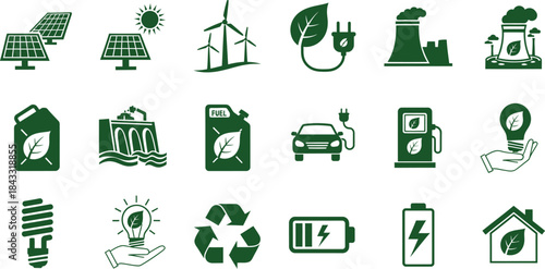 Set of green ecology icons and recycle symbols, a vector illustration for web design and environmental business