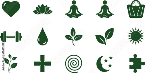 Heart lotus yoga scale dumbbell water leaf sun puzzle icons love flower