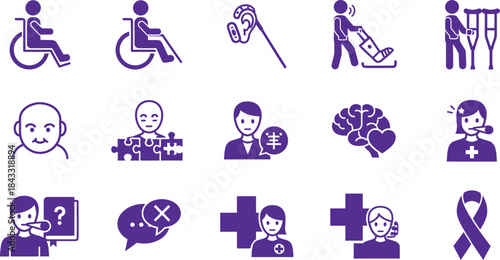 Healthcare and Disability Icons Purple Flat Design Set.