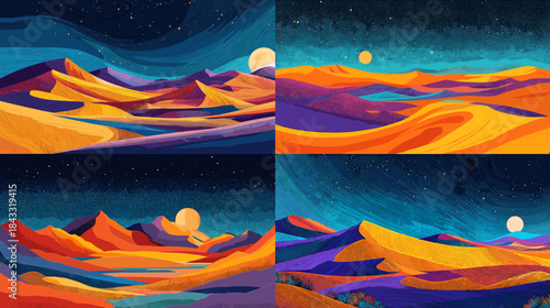 Dramatic desert landscapes under starry night skies with colorful dunes and moonlit scenery. Vibrant illustration capturing vast sand horizons and warm tones.