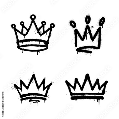 Set of royal crown graffiti icons spray painted street art style.