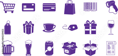 Purple shopping and food icons on a transparent background shopping cart credit card