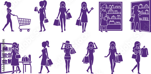 Shopping Women Icons With Bags Cart And Shelves vector illustration