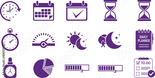 Time and planning icons clock calendar hourglass stopwatch gauge sun moon.