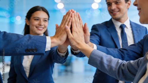 Successful business team winner Concept Team members celebrating success with a high-five gesture in business attire.