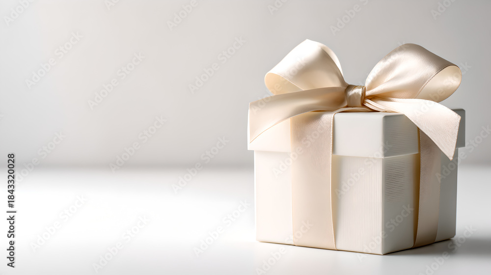 Obraz premium Minimal Gift Box with Elegant Satin Bow and Copy Space Background, white gift box with golden ribbon