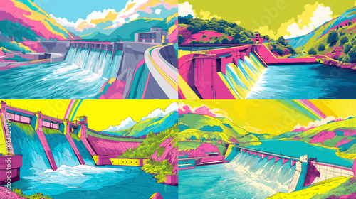 Bright hydroelectric dam landscapes with flowing water, mountains, and vivid colors. Dynamic environmental illustration showing renewable energy and natural scenery.