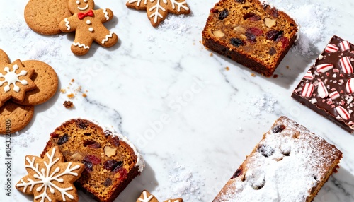 Festive Christmas cookies, fruitcake, and peppermint bark on marble