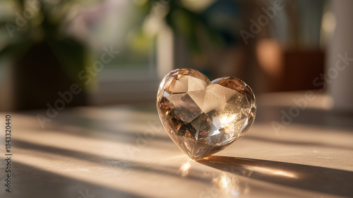 A sparkling heart-shaped crystal on a table, perfect for Valentine's Day decorations, symbols of love, and romantic occasions.