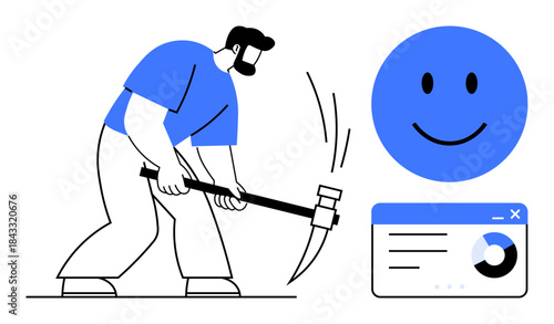 Data mining concept. Data mining ed with a worker, analytic chart, and a happy face. Data mining visualization for business, analytics, research, marketing, and innovation