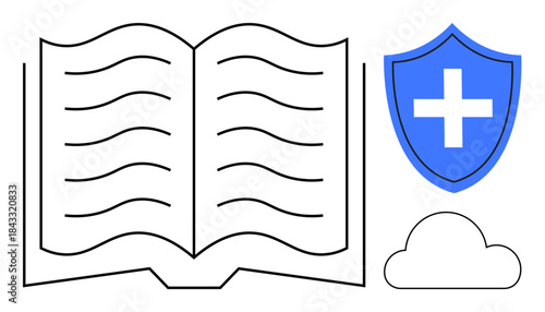 Education, healthcare, cybersecurity, cloud storage, data protection, digital tools. An open book, blue cross on a shield and cloud symbol. Education and cybersecurity concepts