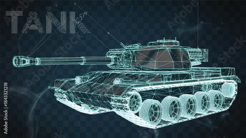 A wireframe 3D illustration of a military tank rendered in a low-poly style against a dark blue checkered background