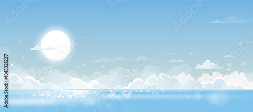 Sky over sea blue ocean for nature summer background,Horizon sunlight on calm sea water by beach with cloud dancer on clear sky in sunny day afternoon,Vetor Spring morning soft sunrise backdrop