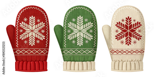 Realistic Christmas Mittens, Red Cream Green Knitted and Fleece Gloves, Semi-Realistic Vector Illustration
