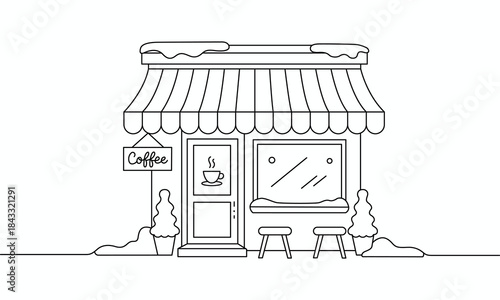 Cozy coffee shop exterior line art illustration with snow on the roof and a striped awning design perfect for winter themes