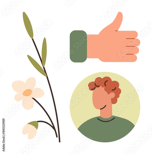 Flower branch with blooms, thumbs-up gesture, and smiling red-haired figure in a circle. Ideal for nature, positivity, approval, emotions, well-being communication relationship. Simple flat
