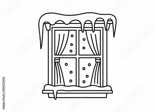 Cozy winter window outline drawing with snow and icicles vector graphic illustration