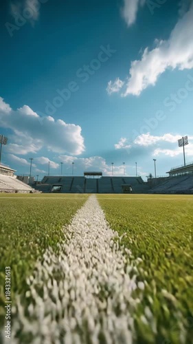 Under a blue spring and summer sky, a green football field with bleachers