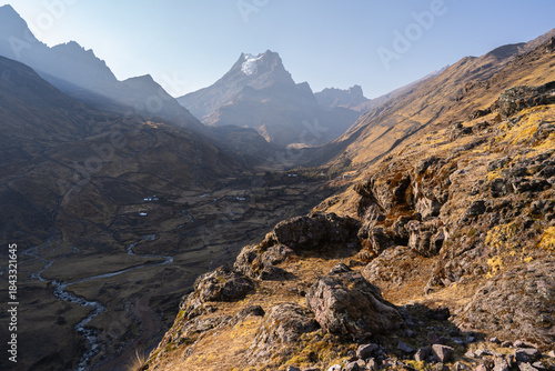 Scenic Landscape of Andes Mountains and Valley on Lares Trek Peru