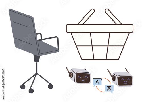 Modern office chair, shopping basket, and cheerful AI robots involved in language translation. Ideal for workplace, e-commerce, technology, automation, communication, diversity and innovation