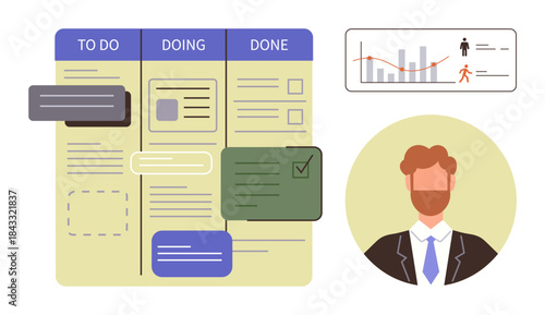 Kanban board divided into To Do, Doing, and Done columns, task cards, analytics chart, and businessman avatar. Ideal for planning, productivity, teamwork project management performance tracking