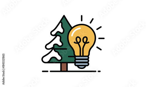 Green pine tree with white snow and bright glowing lightbulb creating an ecofriendly energy idea illustration