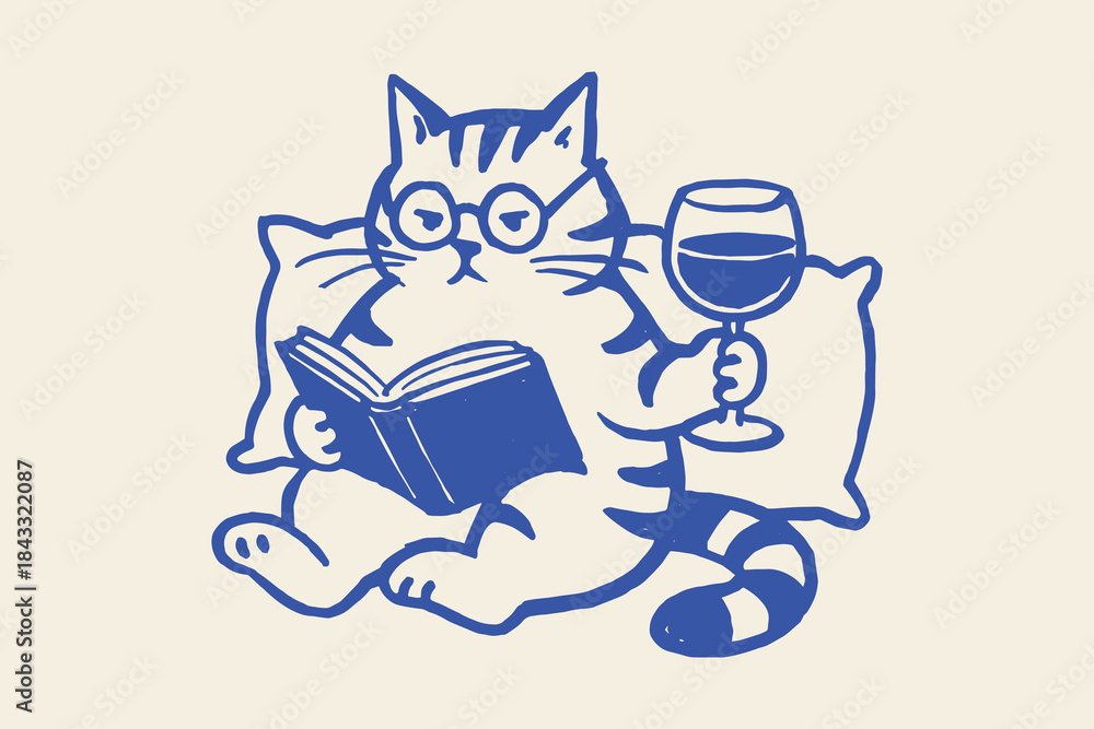 Naklejka premium Cat reading book with wine glass doodle vector illustration