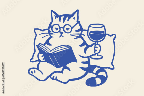 Cat reading book with wine glass doodle vector illustration