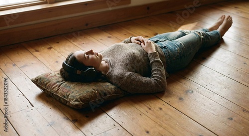 Woman Relaxing with Headphones on Wooden Floor