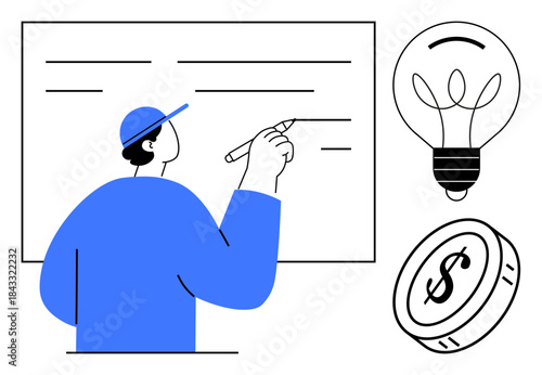 Business planning, education, innovation, creativity, financial strategy, goal setting. Person writing on a whiteboard with lightbulb and dollar symbol. Business planning and innovation illustration