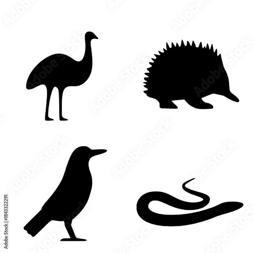 Australian Wildlife Silhouettes on White Background.