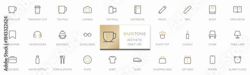 Aesthetic daily life icon set in duotone minimalist line style. Includes everyday objects, lifestyle essentials, home items and creative tools. Clean, modern icons ideal for UI, apps, branding, and we