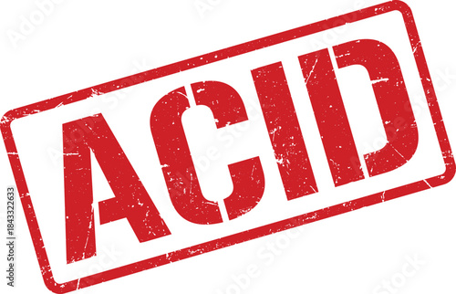 Red Distressed Acid Rubber Stamp on White Background, Inclined with Textured Effect