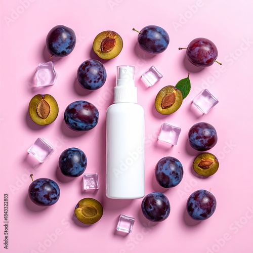 Plums and ice cubes surround a white bottle